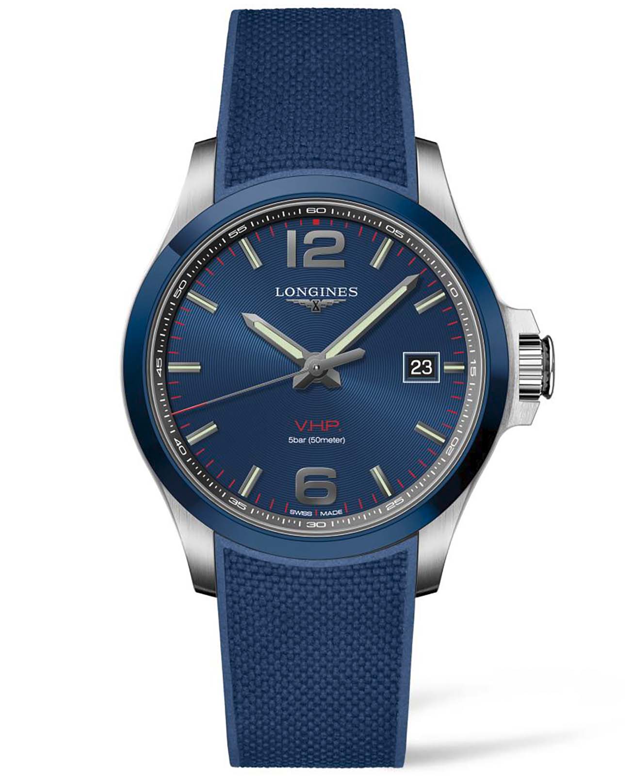 Longines Longines Conquest V.H.P. L3.729.4.96.9  L37294969 кварцевые мужские часы синий циферблат, браслет каучук — вид спереди